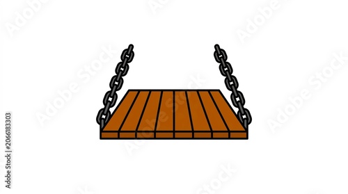 Front view of a wooden drawbridge platform with metal chains