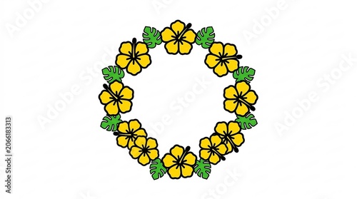 Circular wreath of yellow hibiscus flowers and green leaves