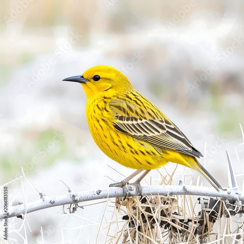 Yellow bird perched on thorny branch