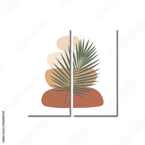 Photography Boho Abstract Art: Stacked Stones and Palm Leaf Diptych