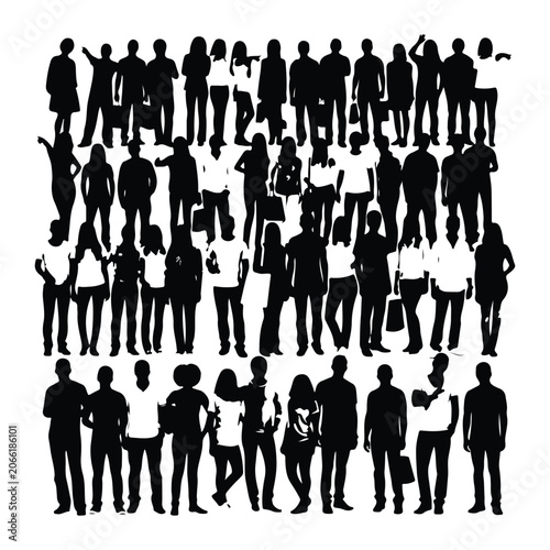 Silhouette of diverse group of people, black figures on white background