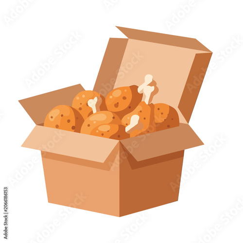 Konstfotografi Crispy Fried Chicken Drumsticks in an Open Takeaway Cardboard Box Vector Illustr