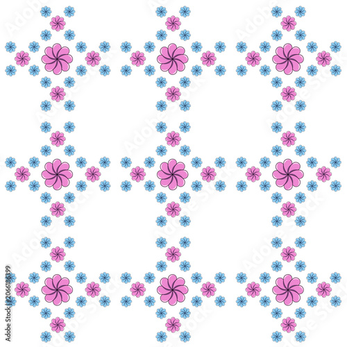 Pink and Blue Floral Seamless Pattern on Black Background, Geometric Repeat Surface Design for Fabric, Wallpaper, Wrapping Paper and Textile Print