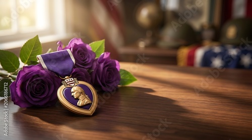 Purple Heart Medal and Purple Roses for Purple Heart Day Remembrance