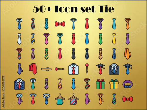 50+ Colorful Necktie and Men's Fashion Accessory Icons, Flat Vector Set for Business and Formal