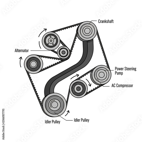 Diagram of automotive engine belt system components.
