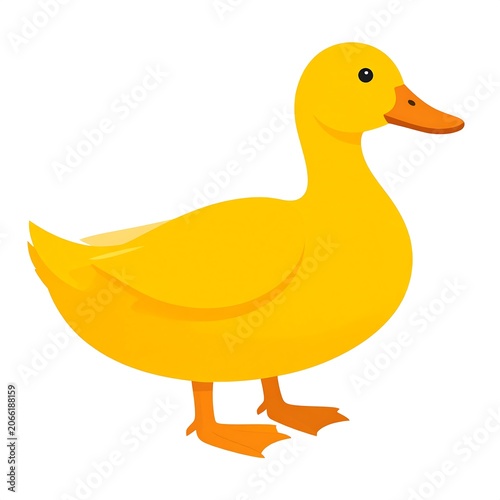 Yellow cartoon duck with orange beak and feet, isolated on white, facing right, eye visible