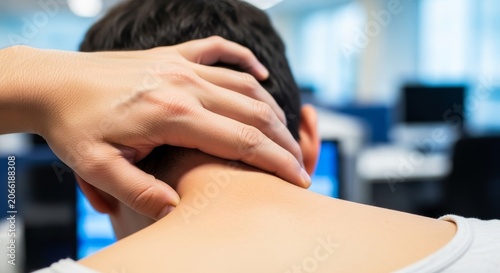 A close-up view of a hand massaging a sore neck against a blurred office background, highlighting physical tension and work-related fatigue, calm, professional, skin