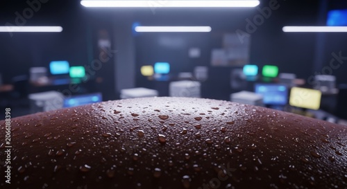 Close up of dark skin with sweat beads under bright office lights, surrounded by glowing screens, messy papers, and a busy indoor backdrop, coffee, time, multitasking
