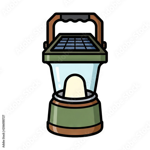 Cartoon illustration of a portable camping lantern with a solar panel on top, featuring a green and brown design with a handle, perfect for outdoor adventure and hiking gear icons