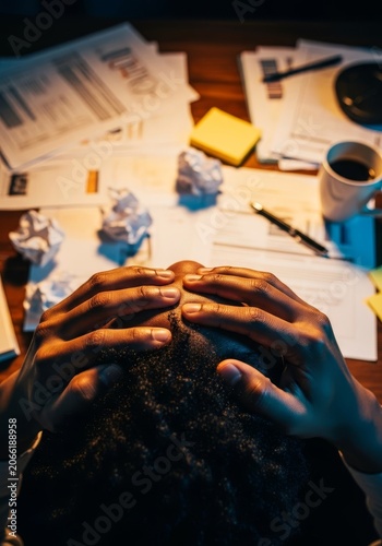 Close up of dark-toned hands tightly gripping a forehead over a desk cluttered with documents and coffee, conveying deep office burnout, overwhelm, daily life, messy