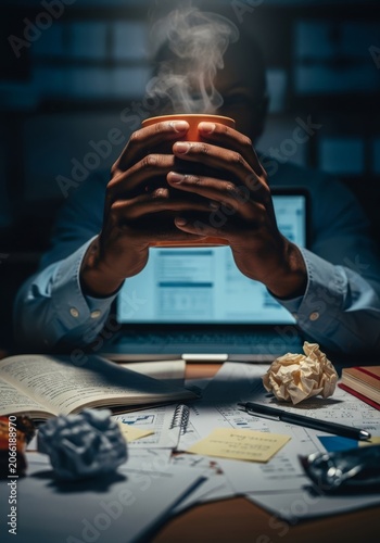 Dark-skinned hands clutch a warm beverage container over a messy desktop filled with papers, highlighting professional burnout and stress, tired, pens, brown