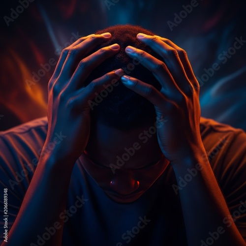 Emotional view of dark-skinned hands clutching a head in distress, showing profound sadness, fatigue, and inner turmoil against shadows, vulnerable, indoors, burnout