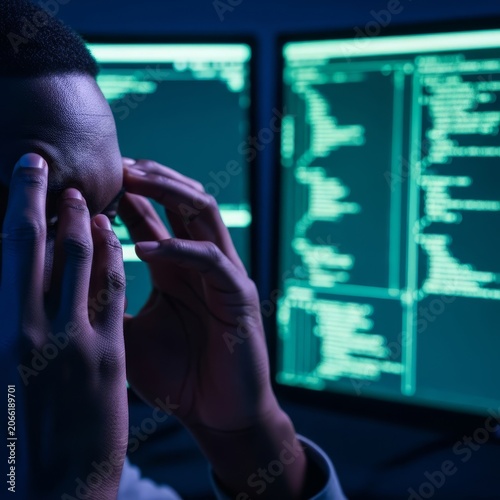 Intense frustration shown through dark skin hands pressing against temples near bright computer monitors filled with intricate lines of code, cyberspace, analytical, blue