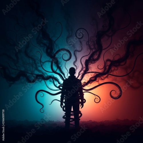 Dark silhouette surrounded by chaotic swirling shadows and heavy smoky tendrils representing overwhelming pressure and mental fatigue, shadow, conceptual, gloom