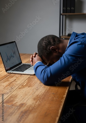 Arms with dark skin lean heavily over a wooden desk while a head rests in total fatigue within a corporate office setting near a laptop, overtime, burnout, corporate