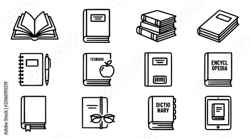 Foto Book and digital academic education line icon set with encyclopedia dictionary n