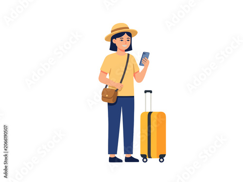 Woman with Suitcase and Smartphone Vector Illustration, Travel Icon Isolated on Transparent Background for Web App Interface
