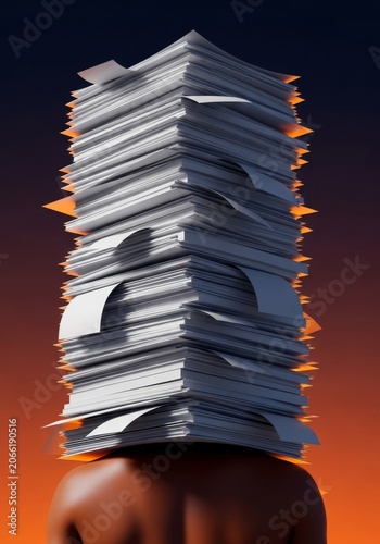 A massive pile of white documents weighs heavily upon dark-skinned shoulders, representing extreme professional stress and office burnout, perseverance, paperwork, finance