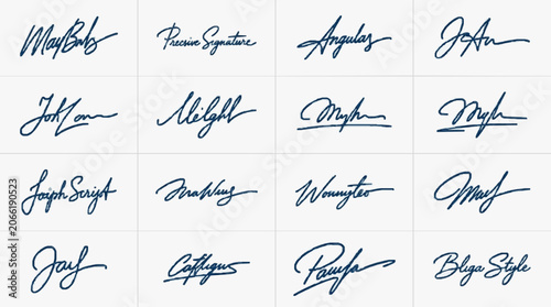 Tableau sur toile Collection of handwritten cursive signatures in various styles.