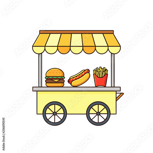 Yellow Food Cart with Burger Hot Dog and Fries, Isolated Vector Illustration for Fast Food Restaurant or Street Vendor Concept