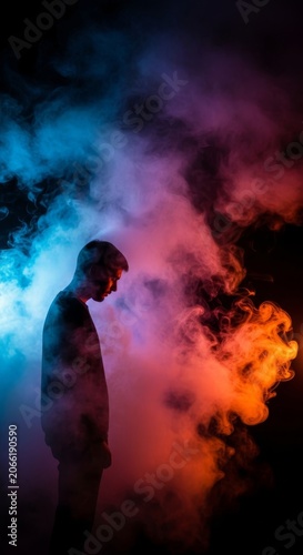 Dense swirling smoke and encroaching darkness envelop a solitary form, capturing the heavy weight of extreme mental fatigue and exhaustion, weight, conceptual, exhaustion