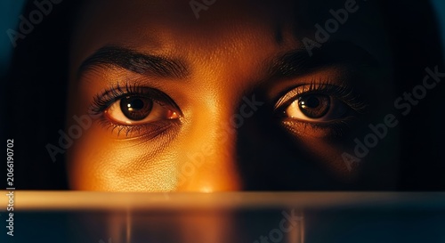 Intense focus and exhaustion shown through eyes with deep complexion, highlighted by a warm glow from a tabletop light in a dark workspace, office, background, dark