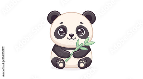 Cute panda bear holding bamboo shoot sitting