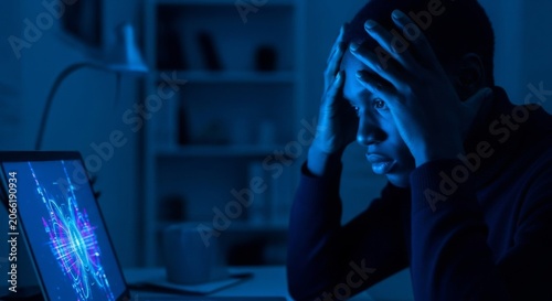Dark skin tones illuminated by blue light from a laptop while hands rest on a forehead in a domestic workspace during late night hours, blue light, paperwork, burden