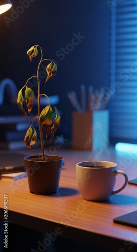 A cluttered desk features a wilted plant beside a cold cup of coffee under dim light, capturing a quiet atmosphere of deep exhaustion, heavy, hollow, texture