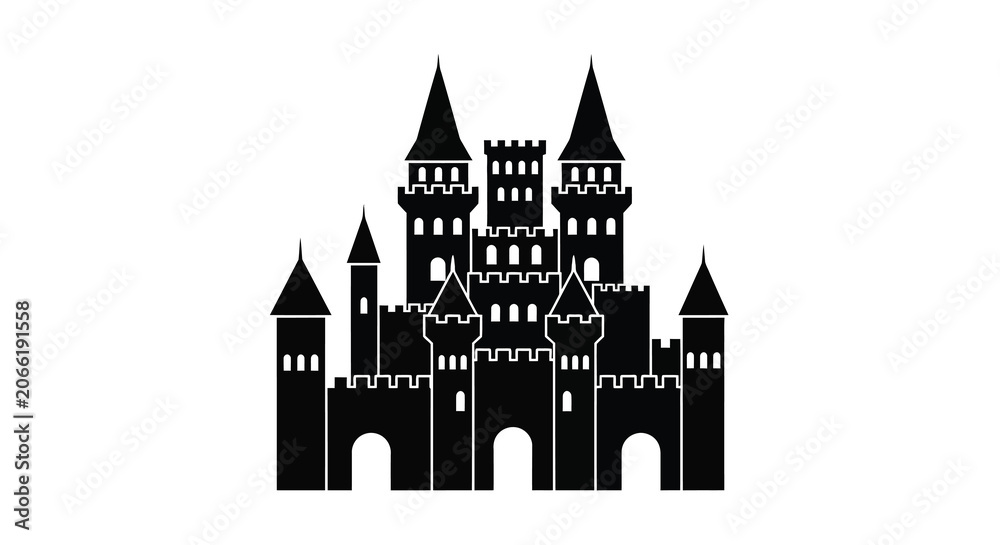 Fototapeta premium Castle Silhouette On White Background Detailed Architectural Illustration