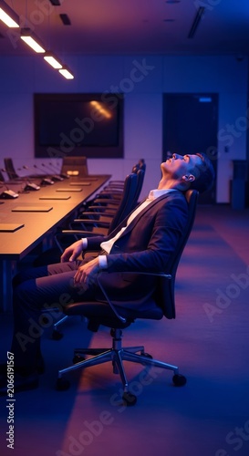 Tired posture leans back in an office chair within a quiet boardroom, eyes closed in deep exhaustion while surrounded by many empty seats, glass, deadline, lonely