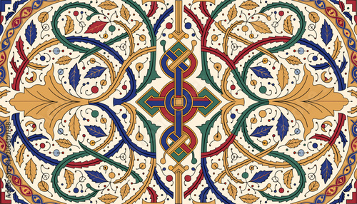 Photography Intricate and colorful medieval illuminated manuscript border design featuring interlace patterns and floral motifs
