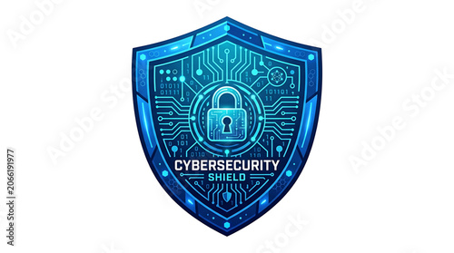 Cybersecurity shield icon protects digital data with padlock
