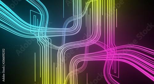 Vibrant neon lines on dark background.