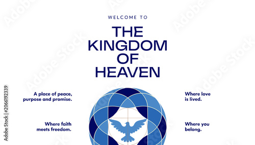 Tableau sur toile A spiritual graphic welcoming to 'The Kingdom of Heaven' with a blue globe, dove symbol, and uplifting messages about peace, love, faith, and belonging
