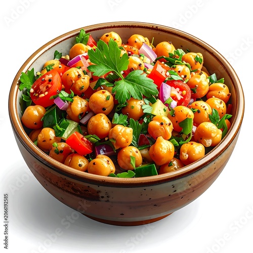 A brown bowl filled with a colorful salad of chickpeas, tomatoes, onions, and green herbs