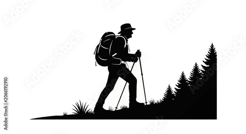 Silhouette of an active male hiker wearing a hat and backpack using trekking poles to climb a hill in a forest landscape with pine trees, isolated on a white background.