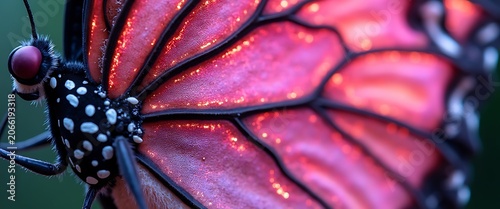 Extreme close up of monarch butterfly wing iridescent pink and blue colors and patterns.