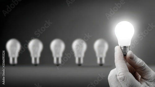 Innovative hiring approach showcasing the top talent represented by a shining lightbulb among a group of dimmer bulbs