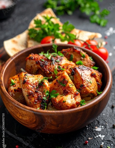 A brown bowl filled with grilled meat, herbs, and spices on a dark surface with flatbread and tomatoes