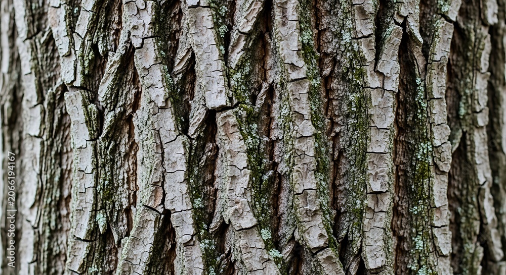 Fototapeta premium A close-up view of a tree trunk with light-colored, peeling bark featuring green moss growth