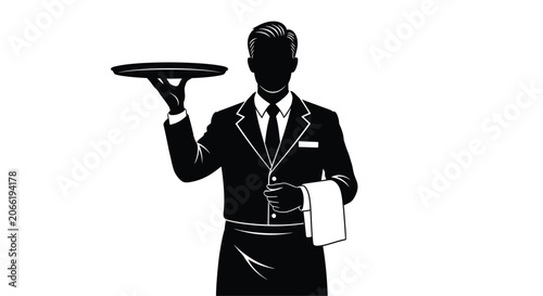 Waiter Silhouette Holding A Tray Black And White Illustration