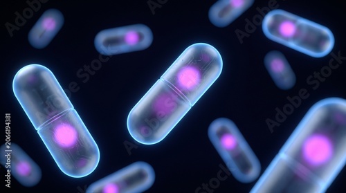 Microscopic view of glowing bacteria cells with purple nuclei on a dark background.