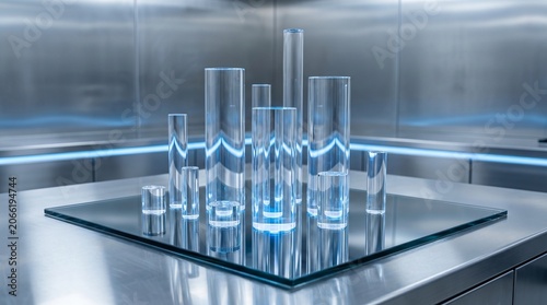 Futuristic scientific laboratory setup with transparent glass cylinders on a reflective metallic surface.