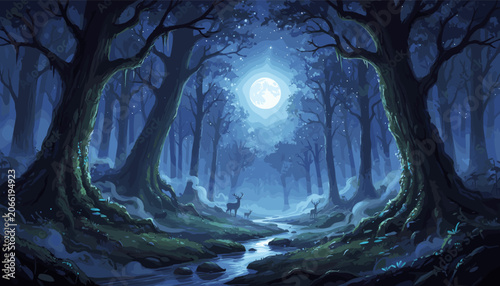 Photos Enchanting moonlit forest scene with a stream, ancient trees, and a solitary deer