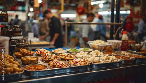 Oriental food  Indian takeaway at a London's market.