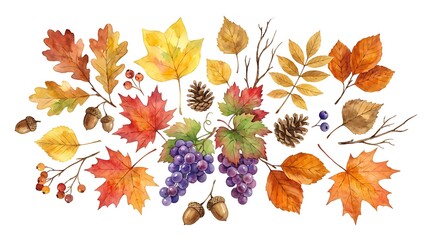 A colorful arrangement of autumn leaves, pinecones, and purple berries on a white background