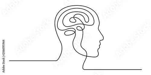 Tableau sur toile Brain icon of continuous one line drawing inside human head profile