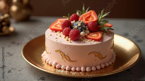 A decorated cake with strawberries, raspberries and cream on a gold plate